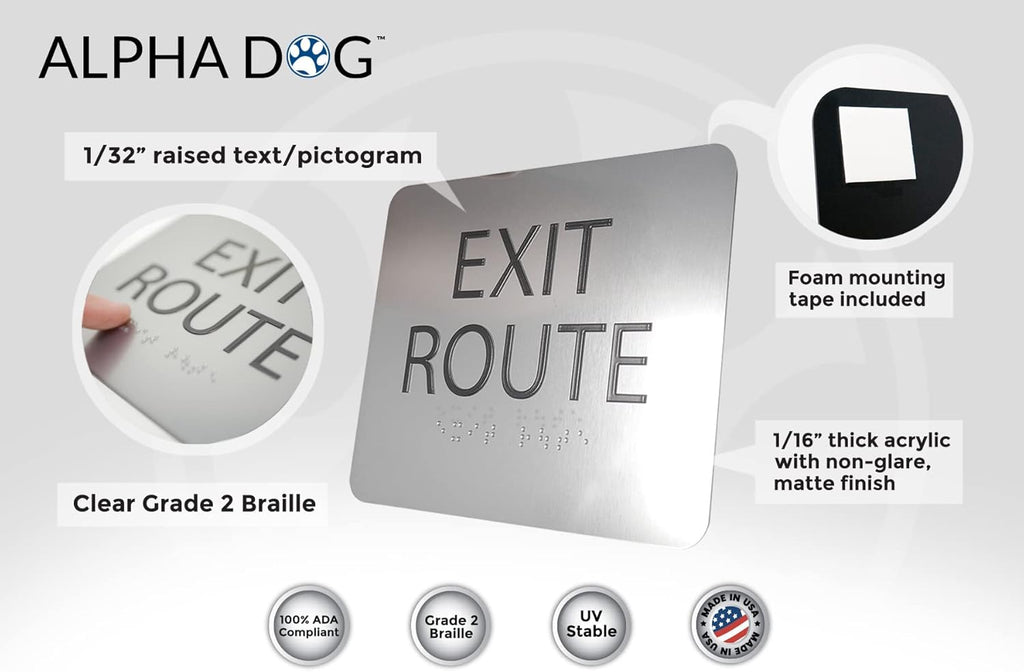ALPHA DOG ADA SIGNS - Exit Route Sign with Braille for Your Business, 5x6 Inch, ADA Compliant, Indoor or Outdoor, Easy Installation, Made in the USA, Brushed Metal