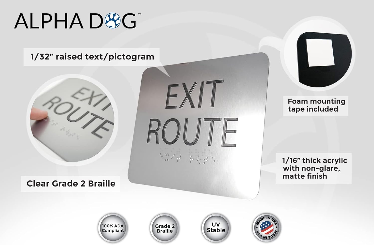 ALPHA DOG ADA SIGNS - Exit Route Sign with Braille for Your Business, 5x6 Inch, ADA Compliant, Indoor or Outdoor, Easy Installation, Made in the USA, Brushed Metal