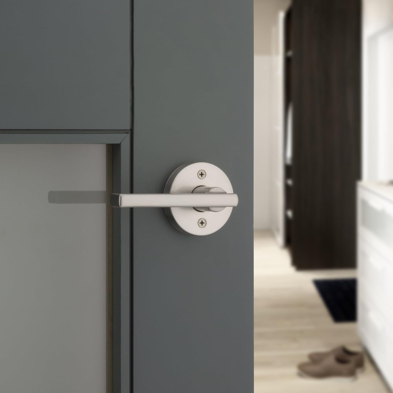 Kwikset Halifax Interior Privacy Door Handle with Lock, Round Lever for Bathroom and Bedroom, Satin Nickel Reversible Keyless Push Button Lock Door Lever, with Microban Protection