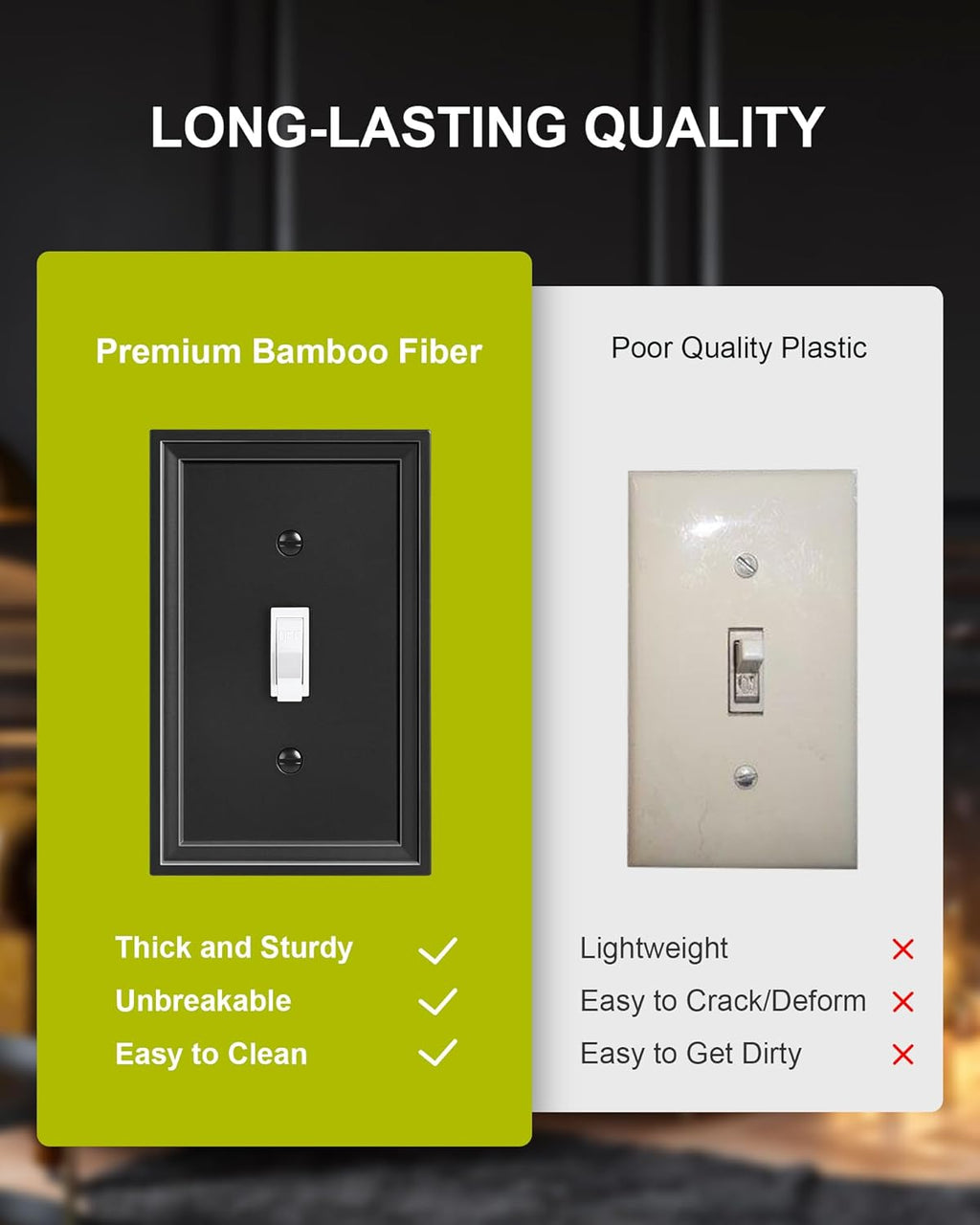 2-Pack Single Toggle Light Switch Covers Wall Plate, Black Decorative Switch Plate Covers, 1 Gang Natural Bamboo Fiber Wall Plate, Corrosion Resistant