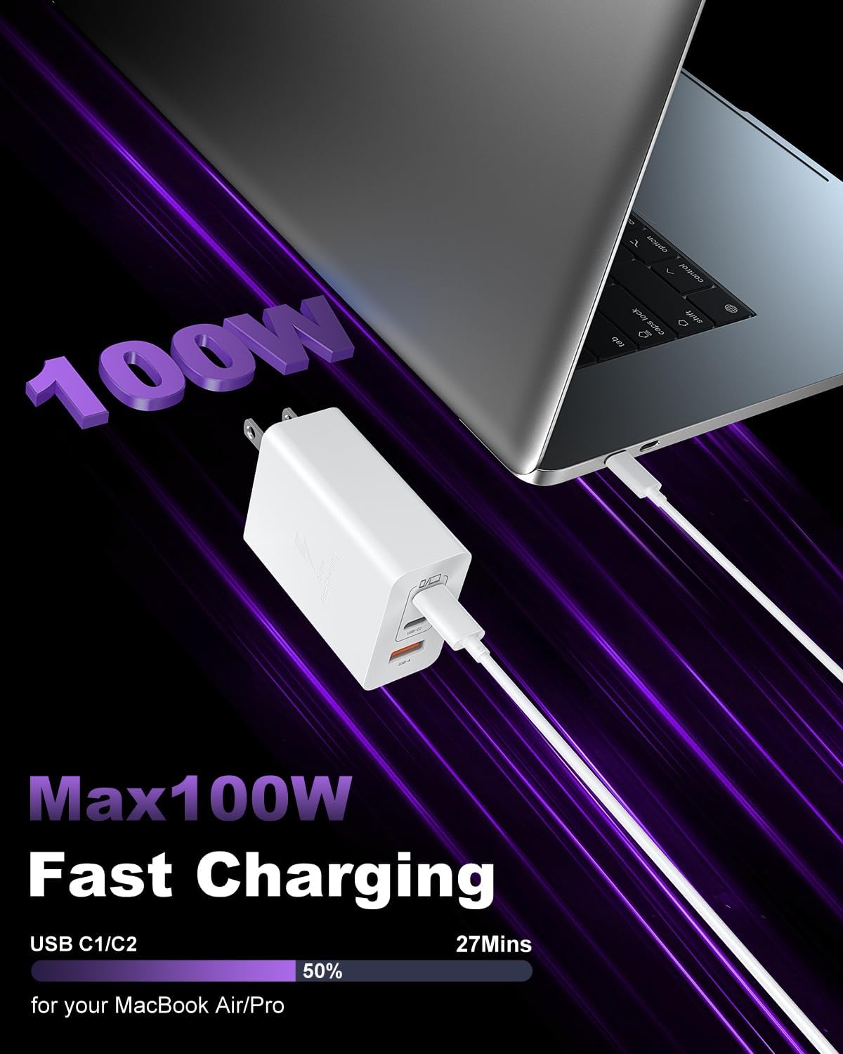 USB C Charger Block 100W, 3-Port GaN Super Fast Phone Charger, Type C 65W Laptop Chargers with 10ft USB C Charging Cable for MacBook Pro/Air,iPad Pro, iPhone 17/16/15Pro, S25/S24/S23 and More[2 Pack]