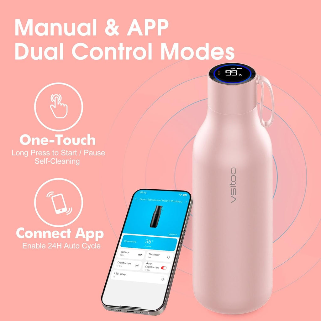 VSITOO 33oz Smart Self Cleaning Water Bottle，Insulated Water Bottle with Stainless Steel, BPA-Free, AI Self-Clean, 30-Day Battery, Magnetic Charging for Travel, Gym or Office, Pink
