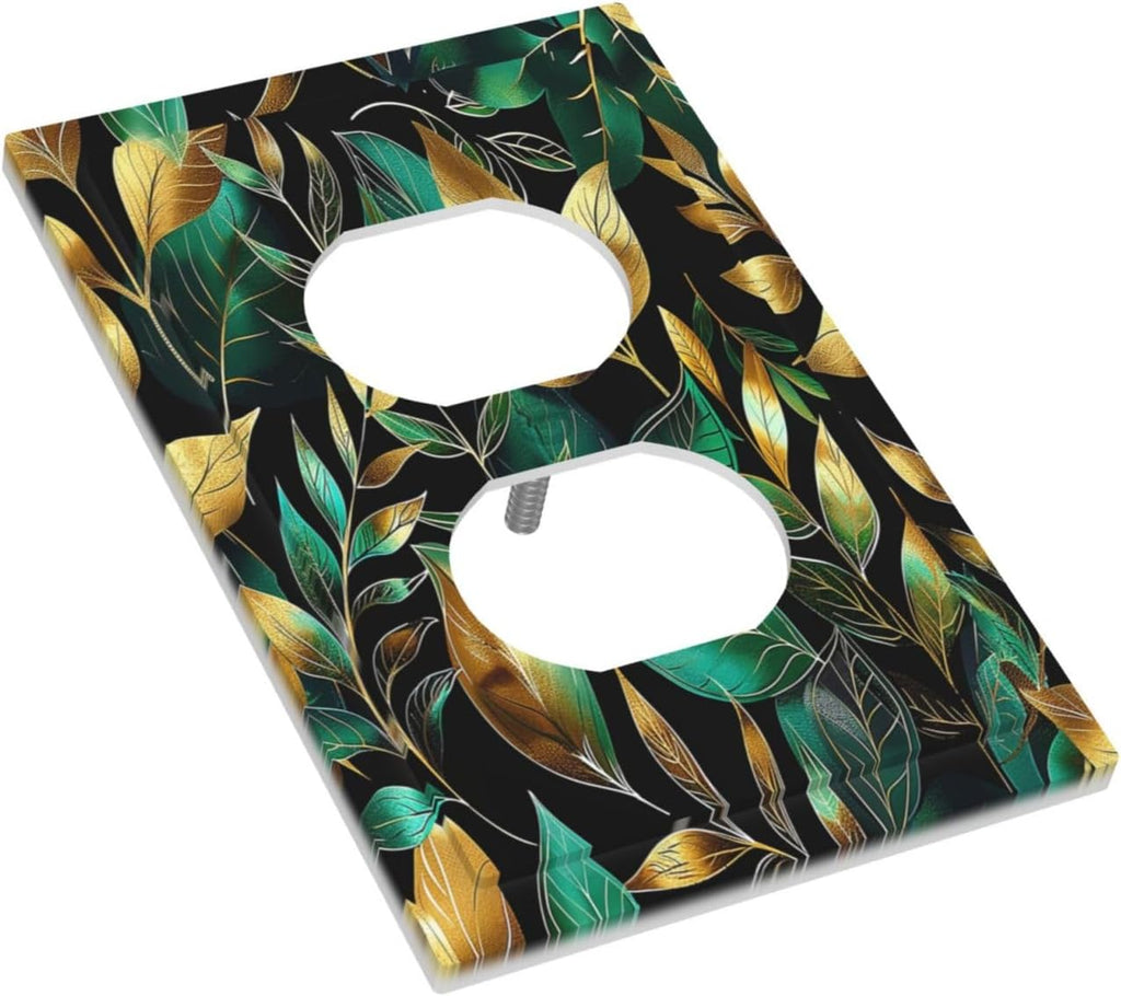 Outlet Covers Vintage Dark Green Vine Leaf Golden Plants 1 Gang Duplex Light Switch Cover Decorative Switch Plates Electrical Receptacle Faceplate Wall Plate for Bed Room Cabin Decor