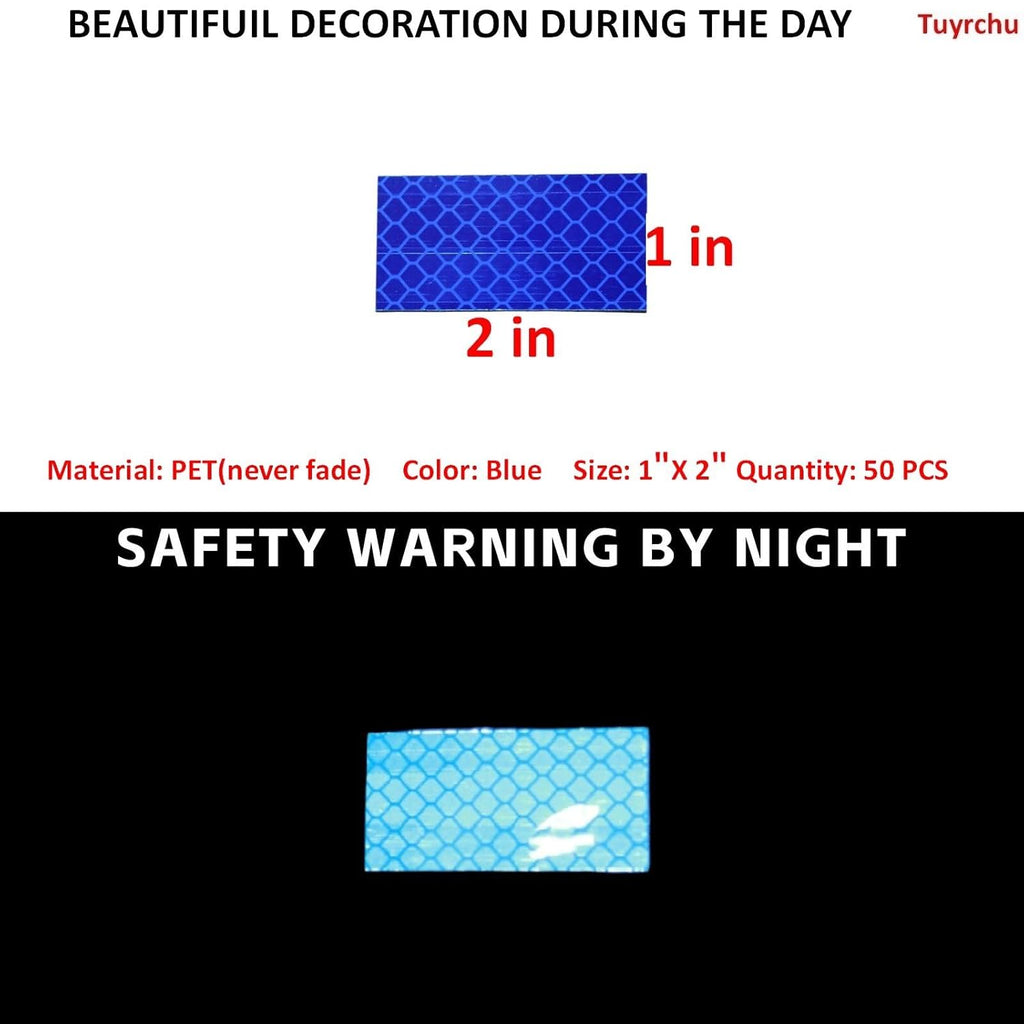 Non Fading Blue Reflective Stickers 1 inch X 2 inch, Outdoor Waterproof High Visibility Warning Safety Adhesive Reflector Tape (50 Pcs)