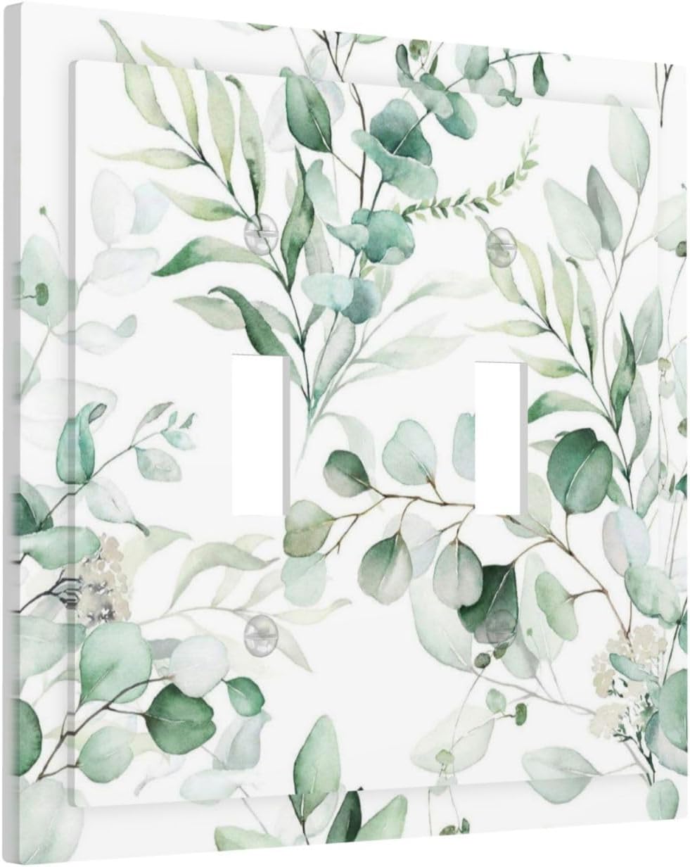 Boho Green Eucalyptus Leaf Floral Plants Flowers Decorative Switch Plates 2 Gang Double Toggle Outlet Light Switch Cover Wall Plate Electrical Faceplate for Bed Room Living Room Decor