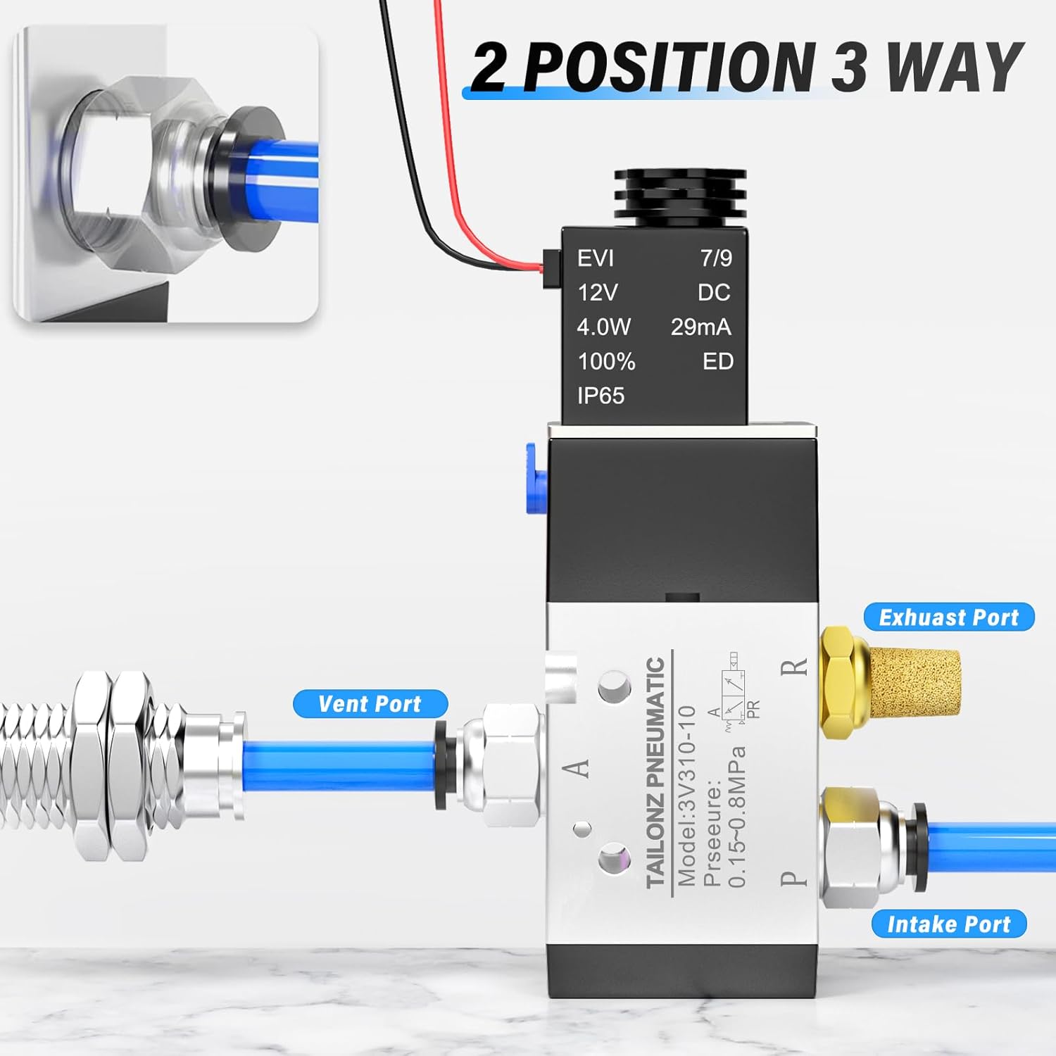 TAILONZ PNEUMATIC 3/8"NPT Solenoid Valve 3V310-10 12V/24V Single Coil Pilot-Operated Electric 2 Position 3 Way Connection Type(Outlet wire)