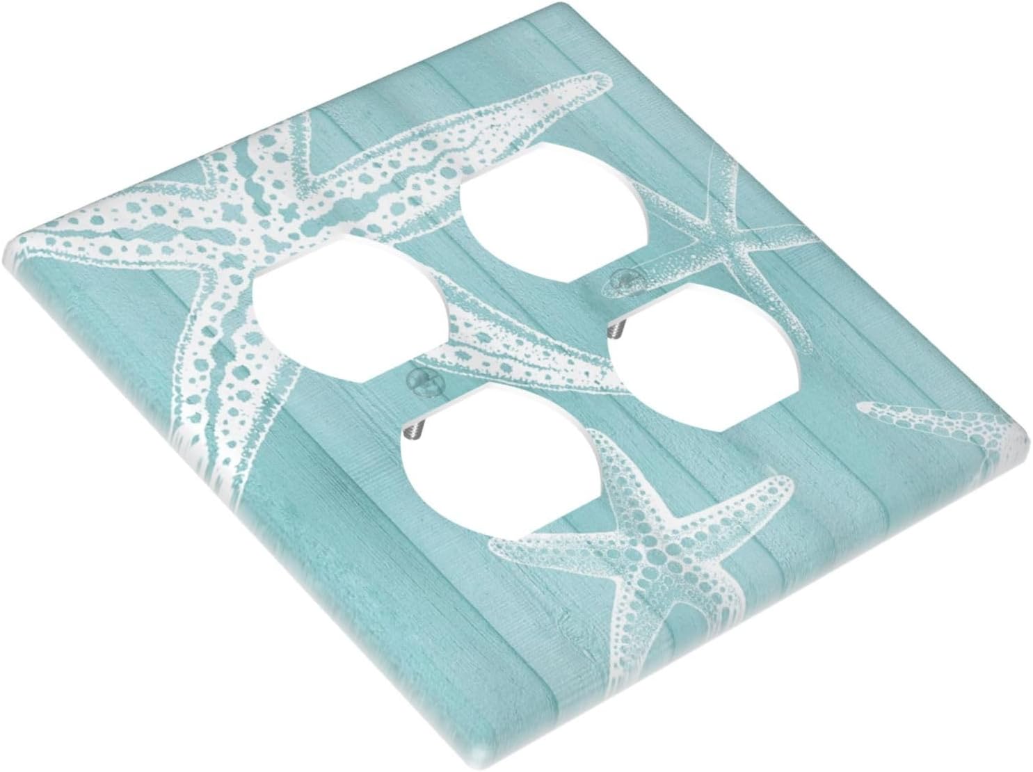 Decorative Outlet Covers Starfish Teal Wood Board Nautical 2 Gang Light Switch Cover Plate Double Duplex Wall Plates for Electrical Outlets Switch Plate Covers for Bedroom Home Decor