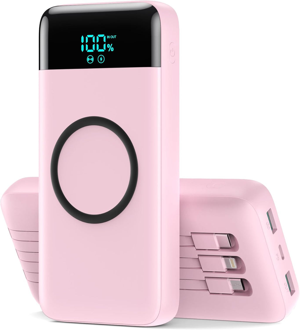 Wireless Portable Charger 40800mAh with 3 Built-in Cables,7-in-1 15W Wireless Charging Power Bank,25W PD QC 4.0 Fast Charging USB C LCD Display Battery Pack for iPhone 16/15/13,Samsung,Android-Pink