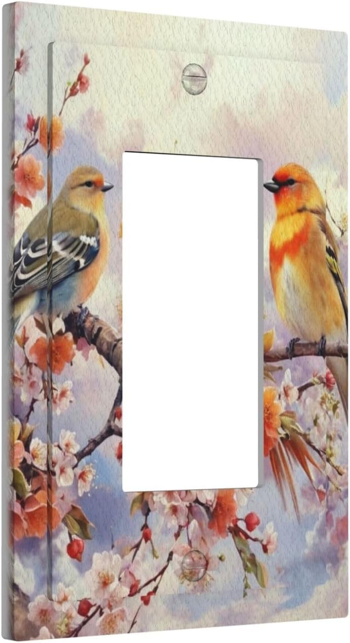 Birds Sitting on Flowers Tree Branch Single Decora Outlet Wall Plate 1 Gang Rocker Decorative Switch plate Faceplate GFCI Light Switch Covers for Farmhouse Living Decor