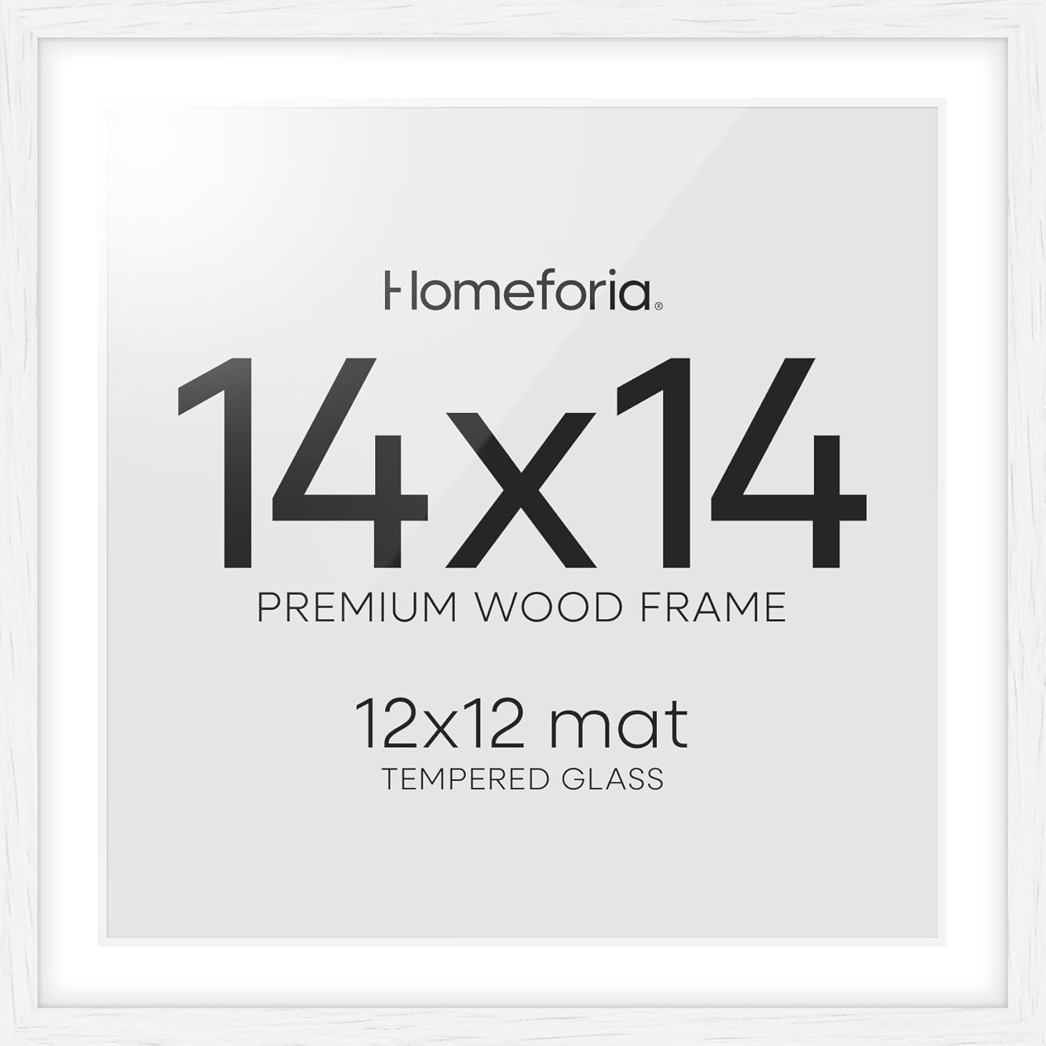 Homeforia 14x14 White Picture Frame, High End Oak 14 x 14 Square Wood Frames with Mat 12 by 12 inches Photo, 14by14 White Wooden Poster Frames Matted to 12x12 Print, Tempered Glass, Wall Kit, Set of 1