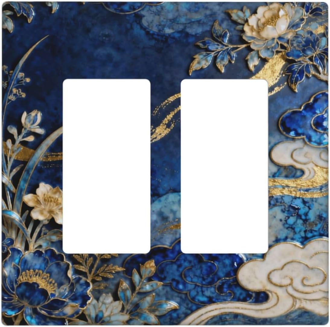 Decorative Outlet Covers Blue White Flower Gold Line Cloud 2 Gang Light Switch Cover Plate Double Rocker Wall Plates for Electrical Outlets Switch Plate Covers for Bedroom Home Decor