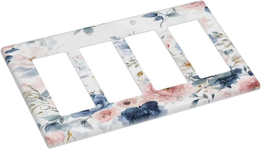 Elegant Watercolor Pink Blue Flowers Floral 4 Gang Wall Plates Outlet Covers Triple Rocker Light Switch Cover Plate Decorative Switch Plates GFCI Electrical Faceplate for Bathroom Bedroom 4.5 X 8 IN