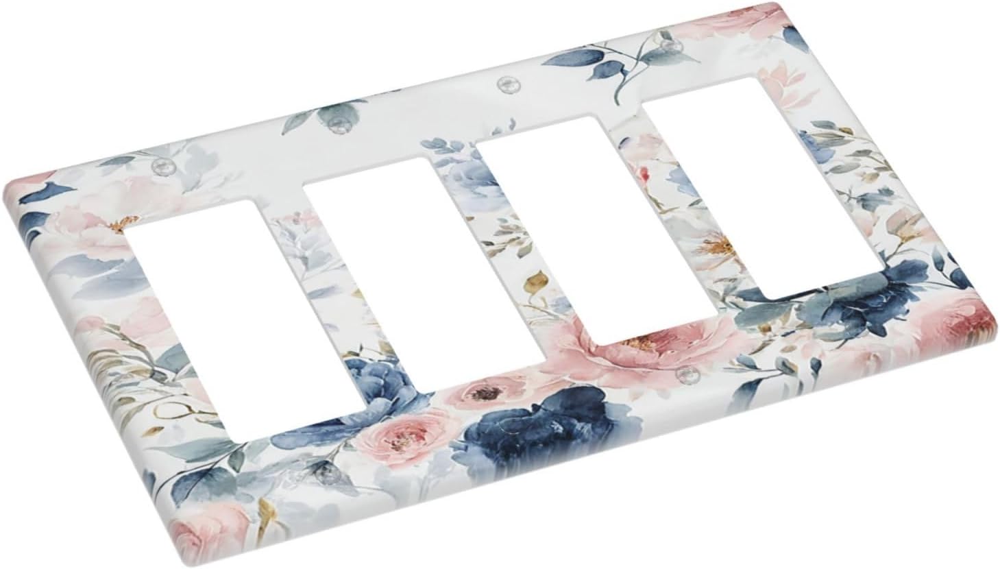 Elegant Watercolor Pink Blue Flowers Floral 4 Gang Wall Plates Outlet Covers Triple Rocker Light Switch Cover Plate Decorative Switch Plates GFCI Electrical Faceplate for Bathroom Bedroom 4.5 X 8 IN