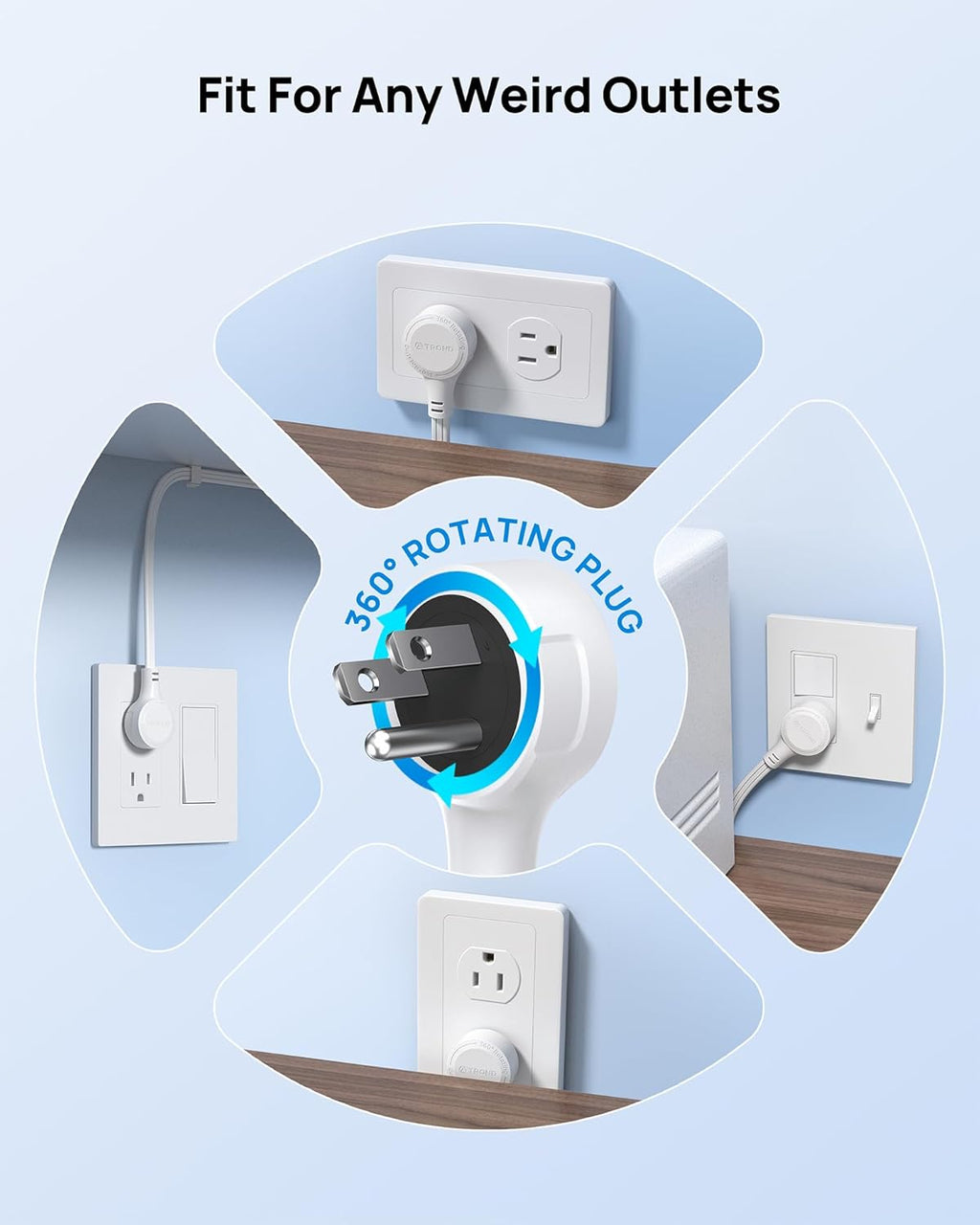 TROND 360° Rotating Plug Surge Protector Power Strip, 2 USB C and 2 USB A, 5 Widely Spaced Outlets, 1440J Surge Protection, Wall Mountable, Flat Cord Extension Cord 10ft for Home Office Dorm, White