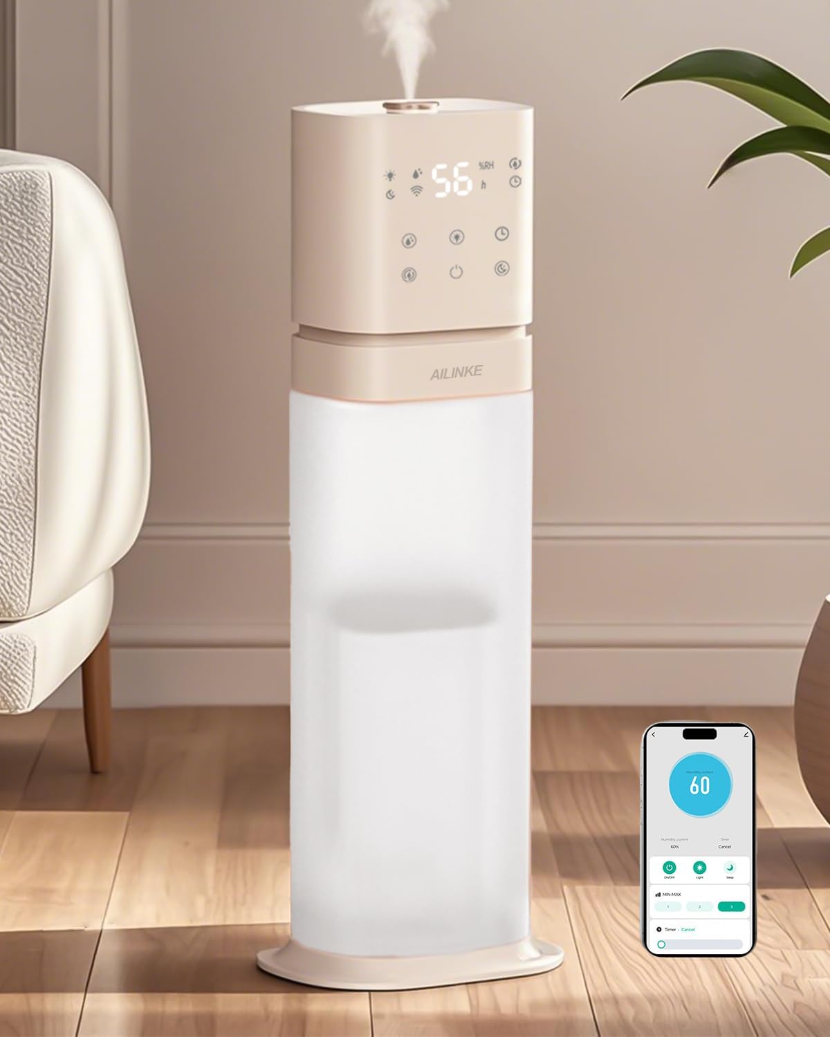 Smart Humidifier Large Room, 2.1Gal/8L Humidifiers for Bedroom with Extended Tube&Night Light, Whole House Cool Mist Humidifiers, WIFI App&Voice Control, School/Office/Warehouse, Pale Pink