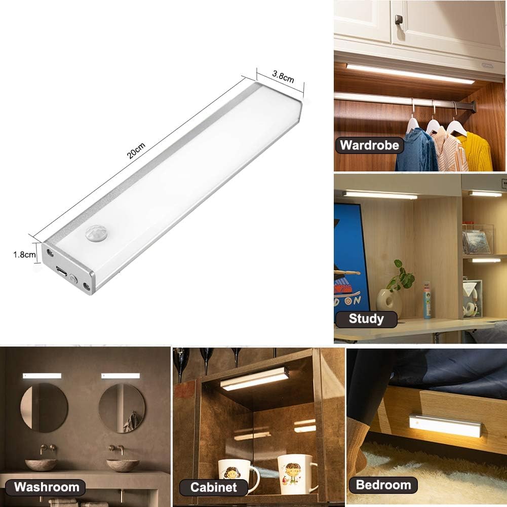 Under Cabinet Light LED Rechargeable Battery Operated Motion Sensor Light Indoor 2 Pack Magnetic Closet Lights Wireless Under Counter Lights for Kitchen, Stairs,Motion Activated Light Bar 20cm