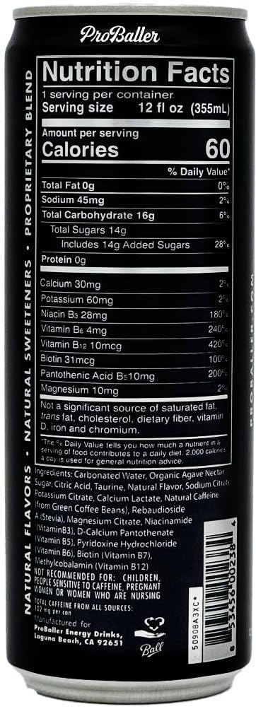 ProBaller Ultra Premium Energy Drink - Natural Clean NSF Certified Sport Drink with Amino Acids, Taurine, Biotin, Organic Agave, Vitamin B 12 Methylcobalamin, & Electrolytes - 15 Pack - Spurs Edition