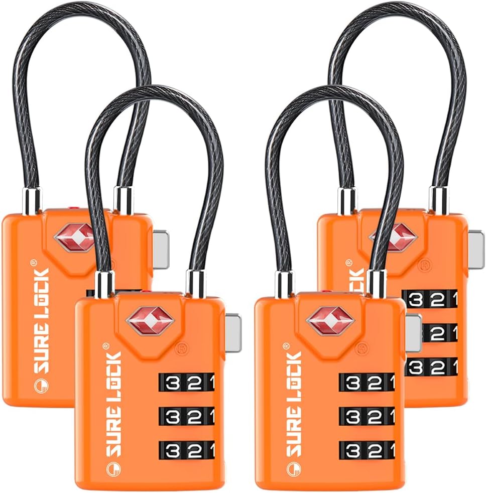 SURE LOCK TSA Compatible Travel Luggage Locks, Inspection Indicator, Easy Read Dials TSA Approved with Zinc Alloy Orange 4 Pack