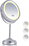 Super Zoom 15X Magnifying Makeup Mirror with Lights - 15X & 1X Make Up Vanity Mirror with 3 Lighting Modes, Rechargeable Battery with USB Cable - 8" Wide & 15" Tall (Chrome)