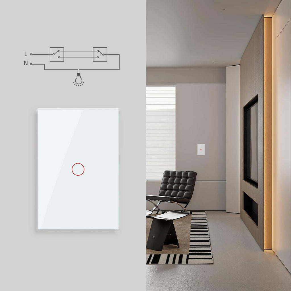 LIVOLO Modern Electrical Wall Light Switch 1Gang Tempered Glass Panel 2 Pole Wall Touch Light Switch with Led Indicator,No Neutral Wire 3Way (1Gang White)