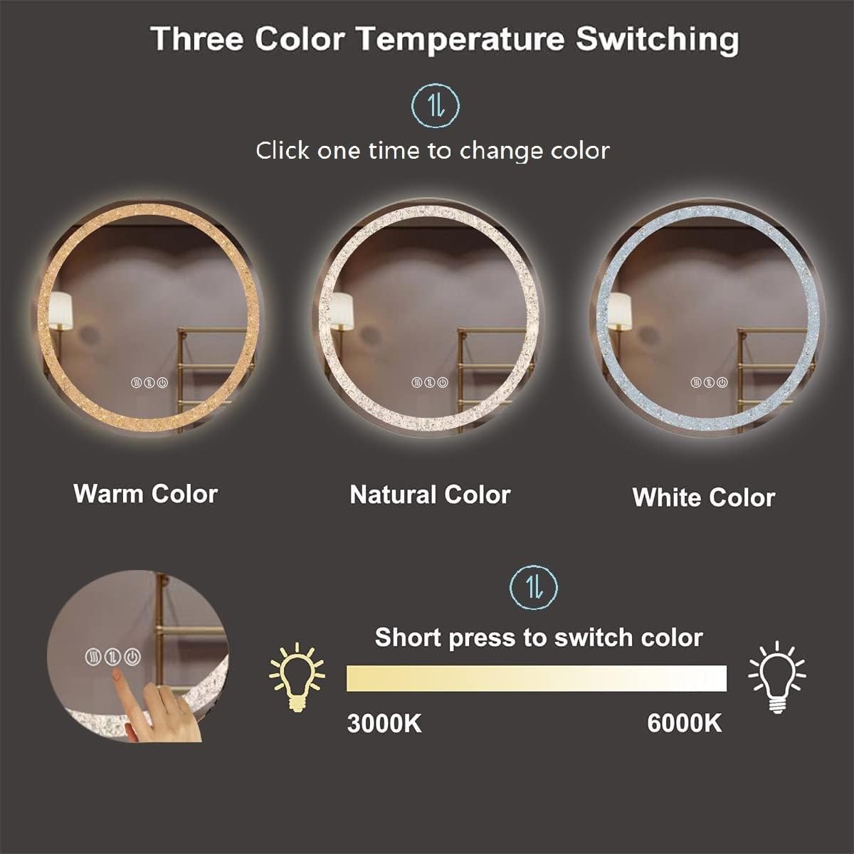 LED Round Crystal Bathroom Mirror - 24 Inch Circle Vanity Mirror with 3 Color Lights