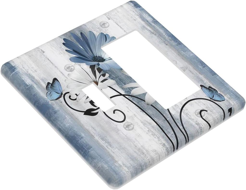 Decorative Outlet Covers Rustic Blue White Daisy Ink Flower 2 Gang Light Switch Cover Plate Single Toggle 1 Rocker Wall Plates for Electrical Outlets Switch Plate Covers for Bedroom Home Decor