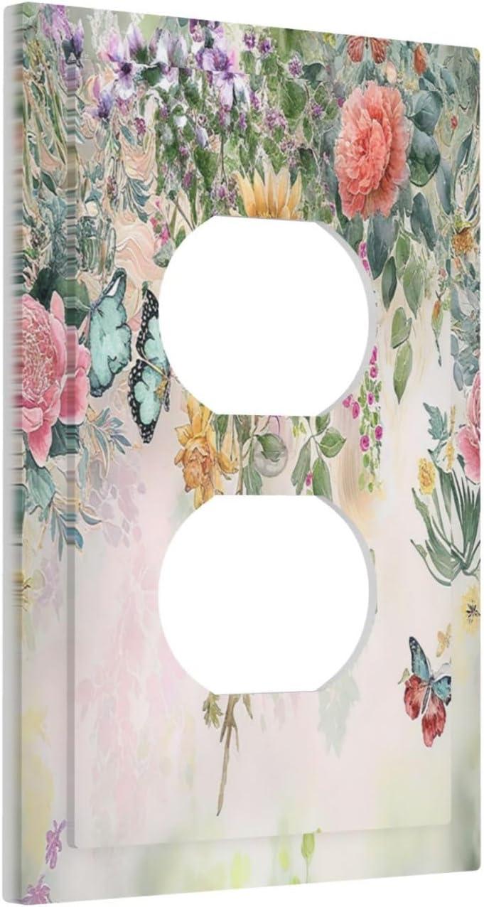 Rustic Floral Watercolor Flower Blossom Butterfly 1 Gang Duplex Receptacle Switch Wall Plate Decorative Switchplate Outlet Covers Electrical Plug Cover Faceplate for Bathroom Home Decor 5 X 3 IN