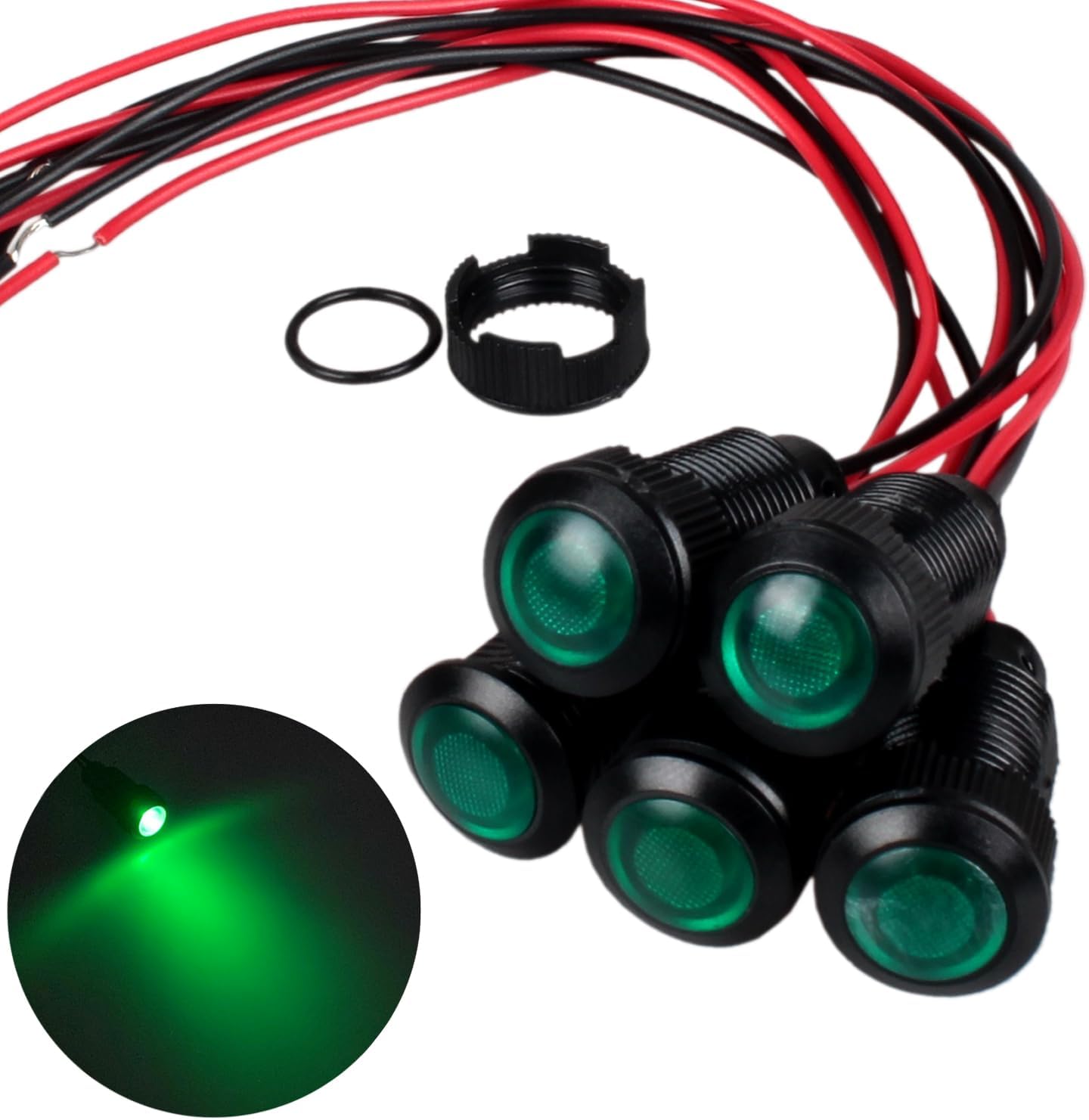 5pcs 12mm 12V-24V LED Indicator Light Plastic Black Signal Dot Lamp 12V-24V 1/2 inches Mounting Hole Size with 15cm/5.9in. Wire (Green LED)