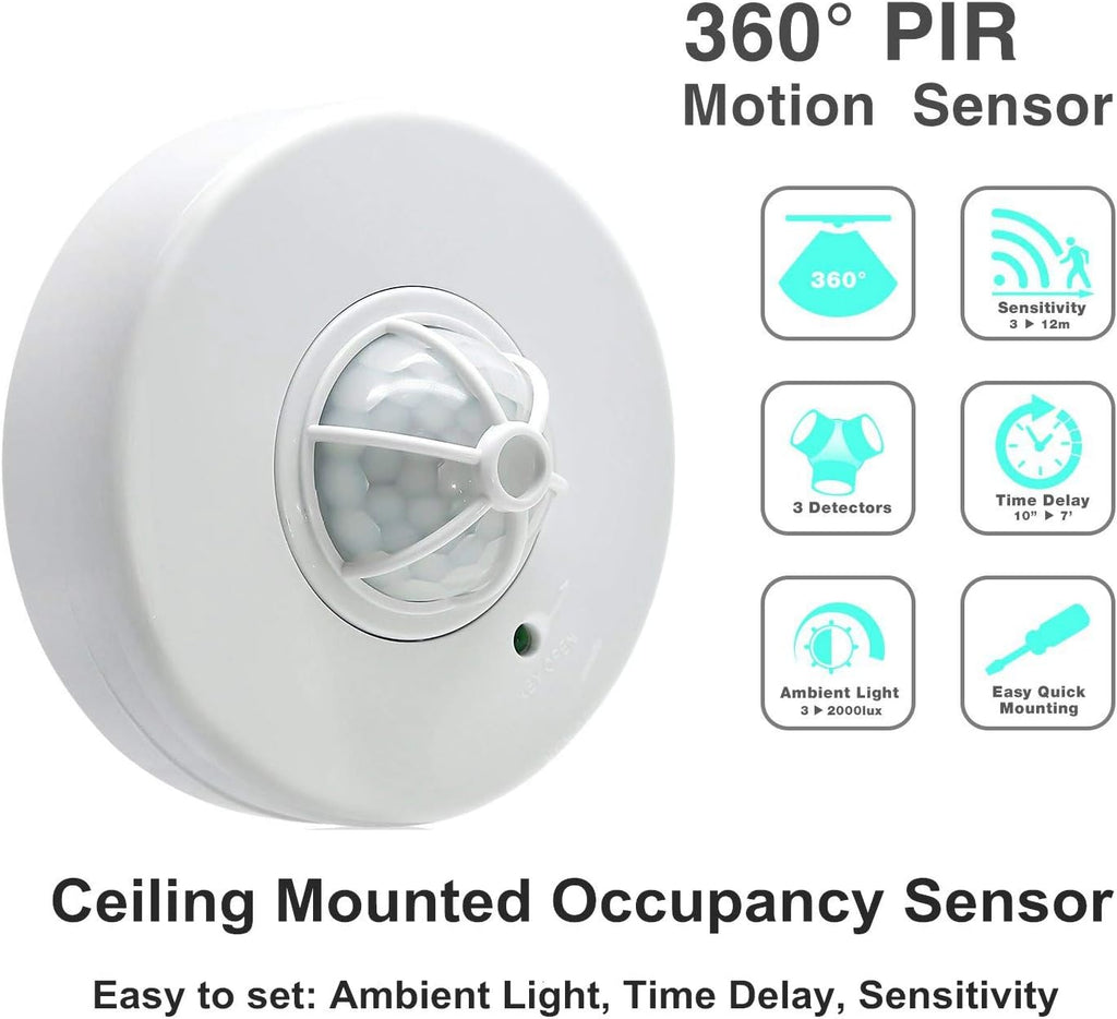 Sensky 360 Degree Ceiling Occupancy Sensor PIR Motion Sensor Switch with 3 detectors,10-40ft High Sensitive Ceiling Motion Sensor Light Switch(110V-240VAC)