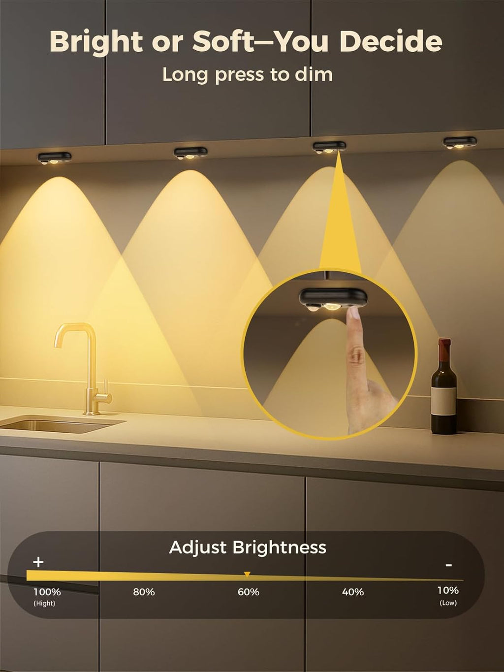 YGS-Tech LED Motion Sensor Light Indoor, Rechargeable Puck Lights, Magnetic Dimmable Under Cabinet Light, Wireless LED Lights for Closet, Kitchen, Stairs, Warm White, 6-Pack (Black)