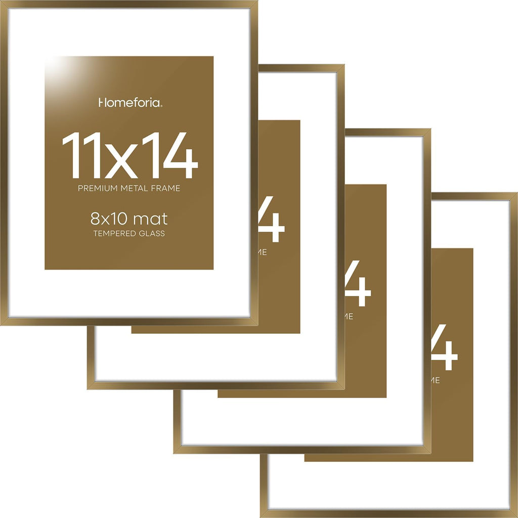 Homeforia 11x14 Bronze Picture Frame, High End Metal 11x14 Brass Frame with Mat 8x10, 11 x 14 Poster Frames Matted to 8 x 10 inch Photo, 11 by 14 Bronze Thin Frames, Tempered Glass, Wall Kit, Set of 4