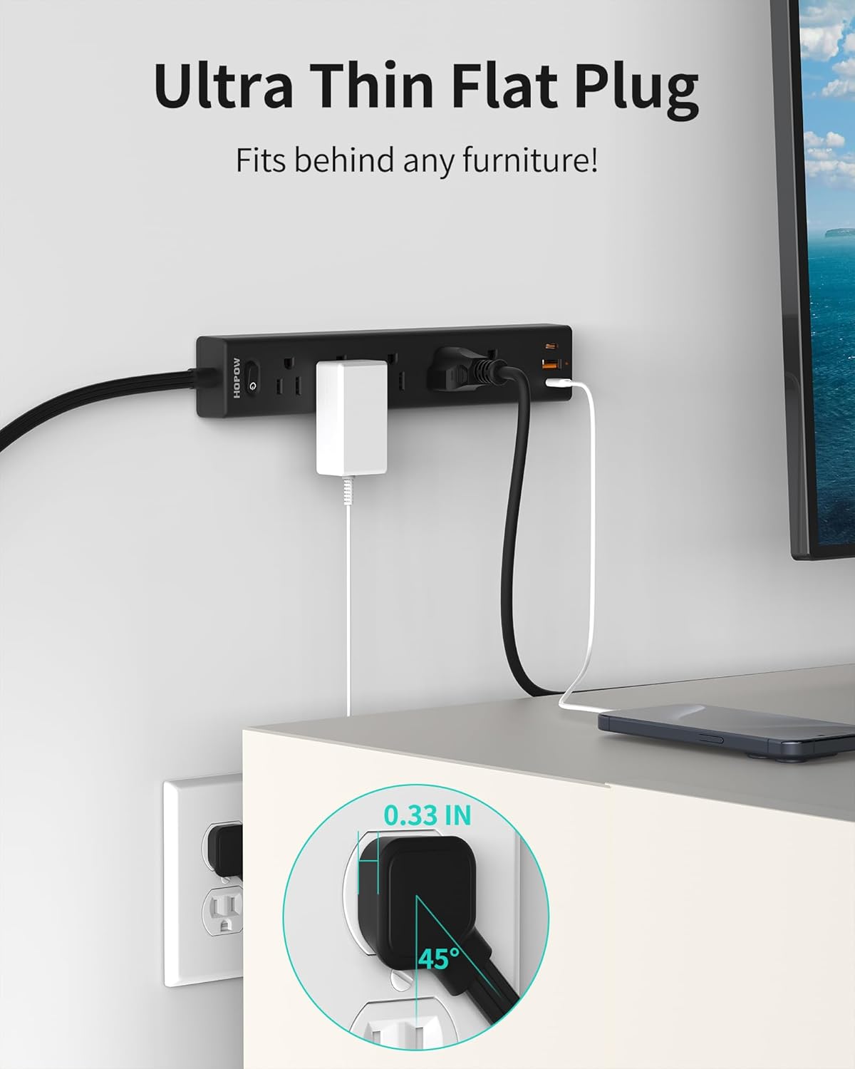 Flat Plug Power Strip, 2 Pack, 5 Ft Ultra Thin Flat Extension Cord, Surge Protector with 5 Outlets & 3 USB Ports (2 USB C Slots), 1700 Joules, 3-Prong, Wall Mount for Home Office Dorm, Black