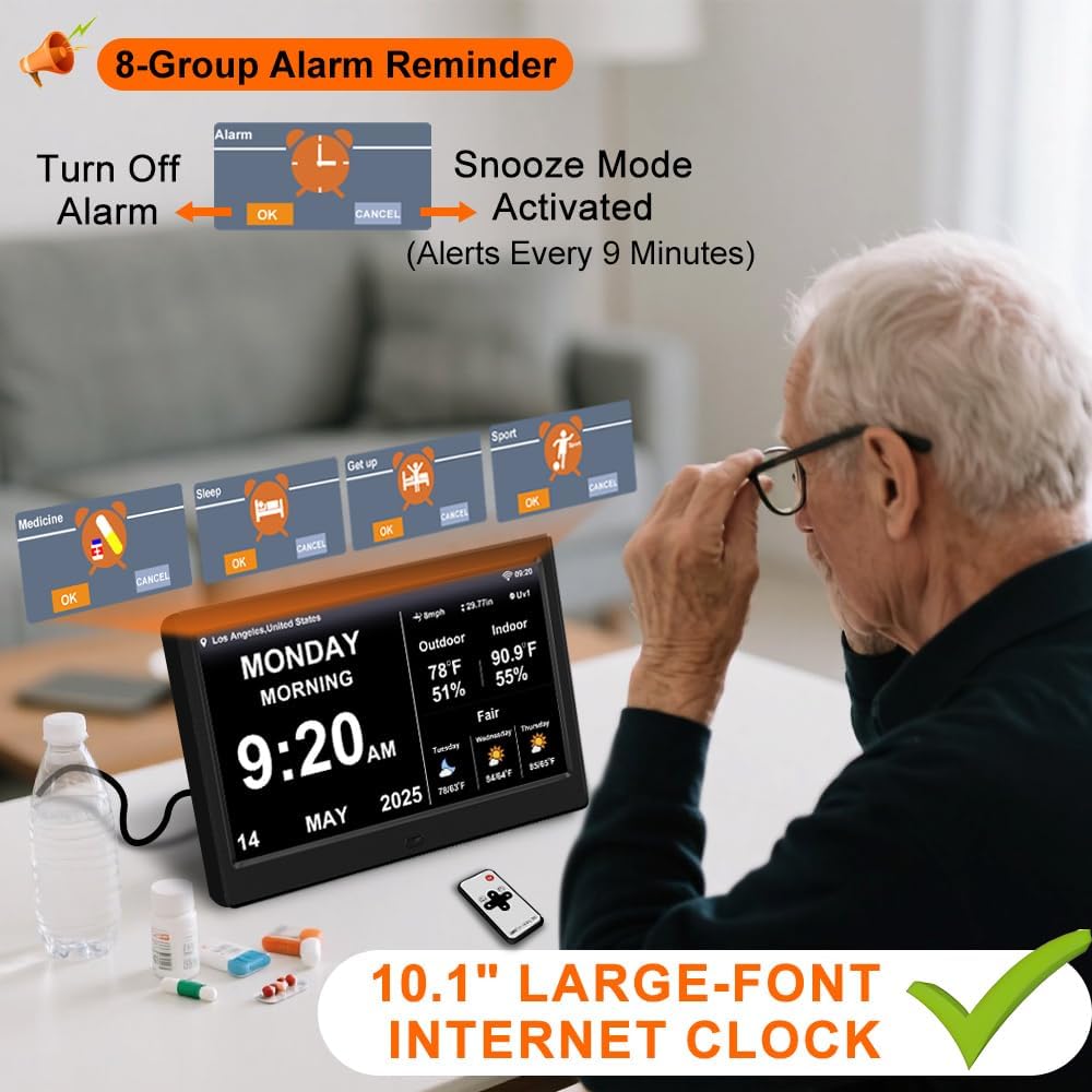 2025 Digital Clock with Weather Forecast & Temperature/Humidity Large Display,Auto Time Sync, Custom Alarms & Medication Reminders, Elderly Memory Loss (Black, 10.1 Inch)