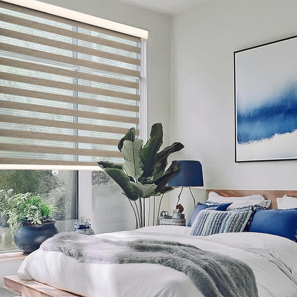 ShadesU Cordless Zebra Blinds for Windows, 33" W x 72" H, Brown, Dual Layer Free-Stop Zebra Shades, Light Control for Day and Night, Sheer Blinds for Indoor Windows, Bedroom, Kitchen