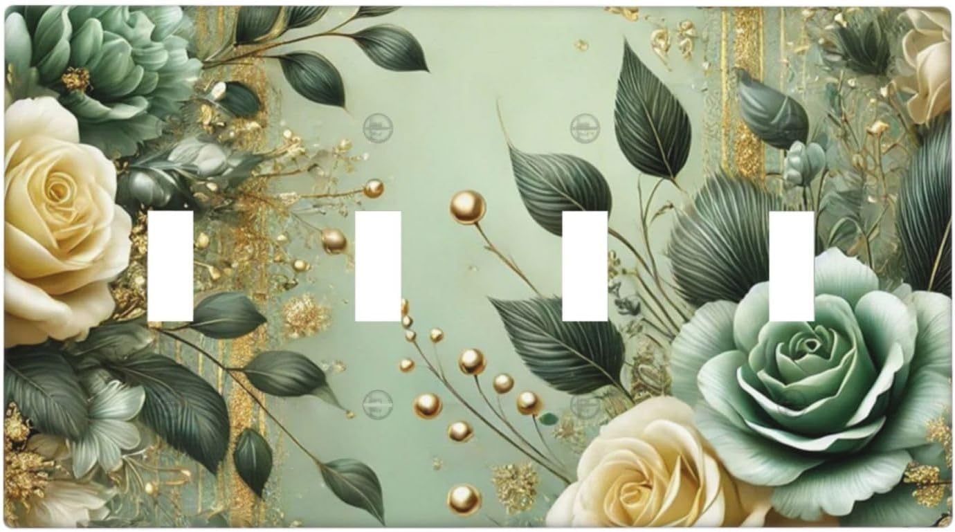 Decorative Light Switch Cover Plate Rustic Green Floral Leaves Teal Flowers Gold Stripe 4 Gang Wall Plate Oversized Quad Toggle Switch Cover Plate Jumbo Faceplate