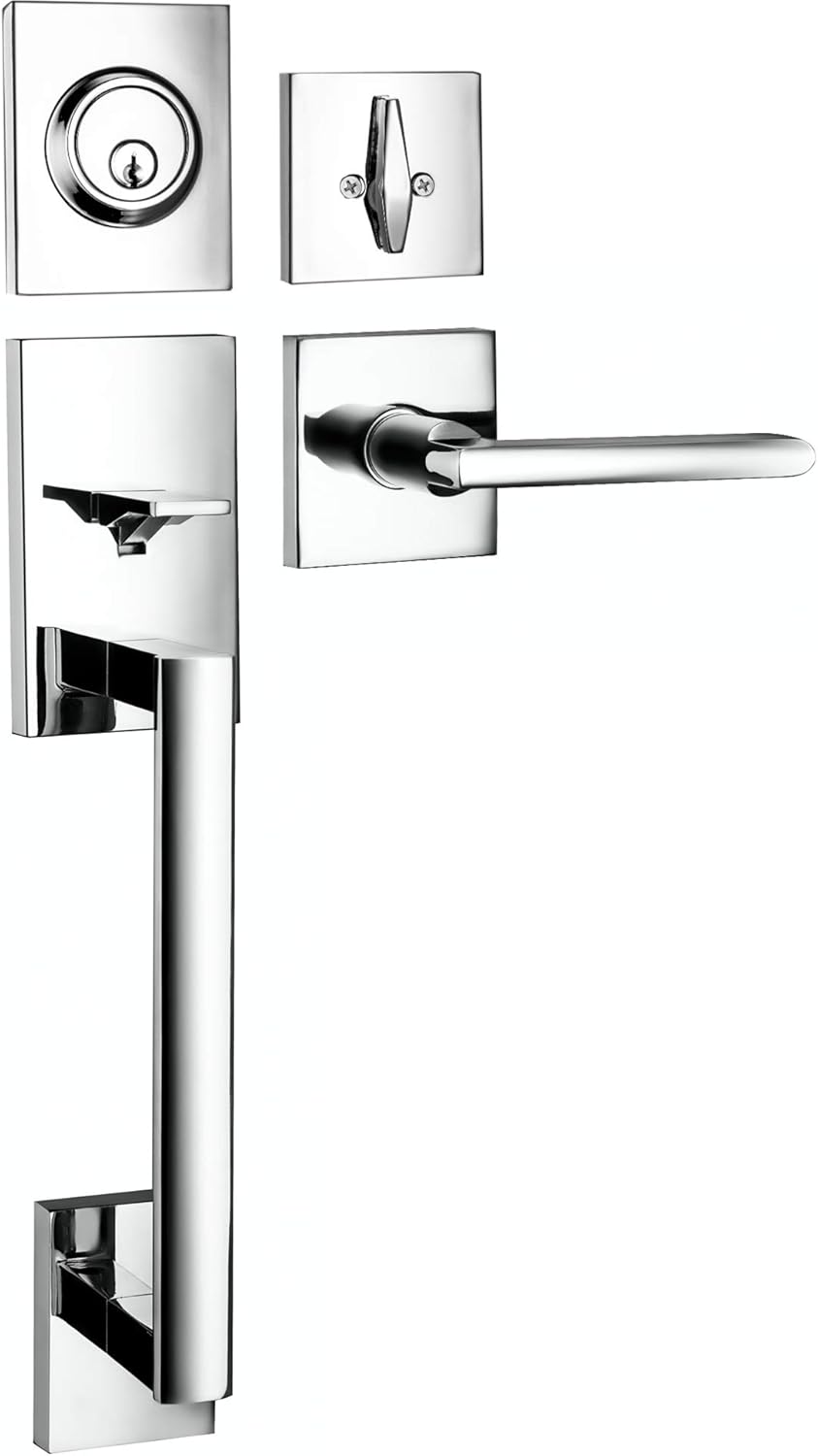 Berlin Modisch HandleSet Front Door Entry Handle and Deadbolt Lock Set Slim Square Single Cylinder Deadbolt and Lever Reversible for Right & Left Sided Doors Heavy Duty – Polished Chrome Finish