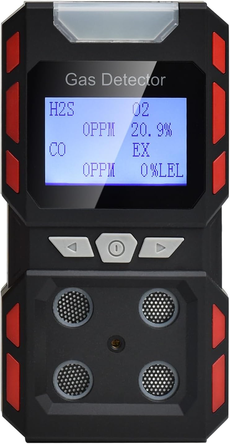 4 Gas Monitor, Gas Detector for H2S, CO, LEL and O2, Factory Calibrated Multi Gas Meter with Vibration, Visual and Audible Alarms, Over 10H Battery Life, Fast Response, Gas Analyzer for Work, Home