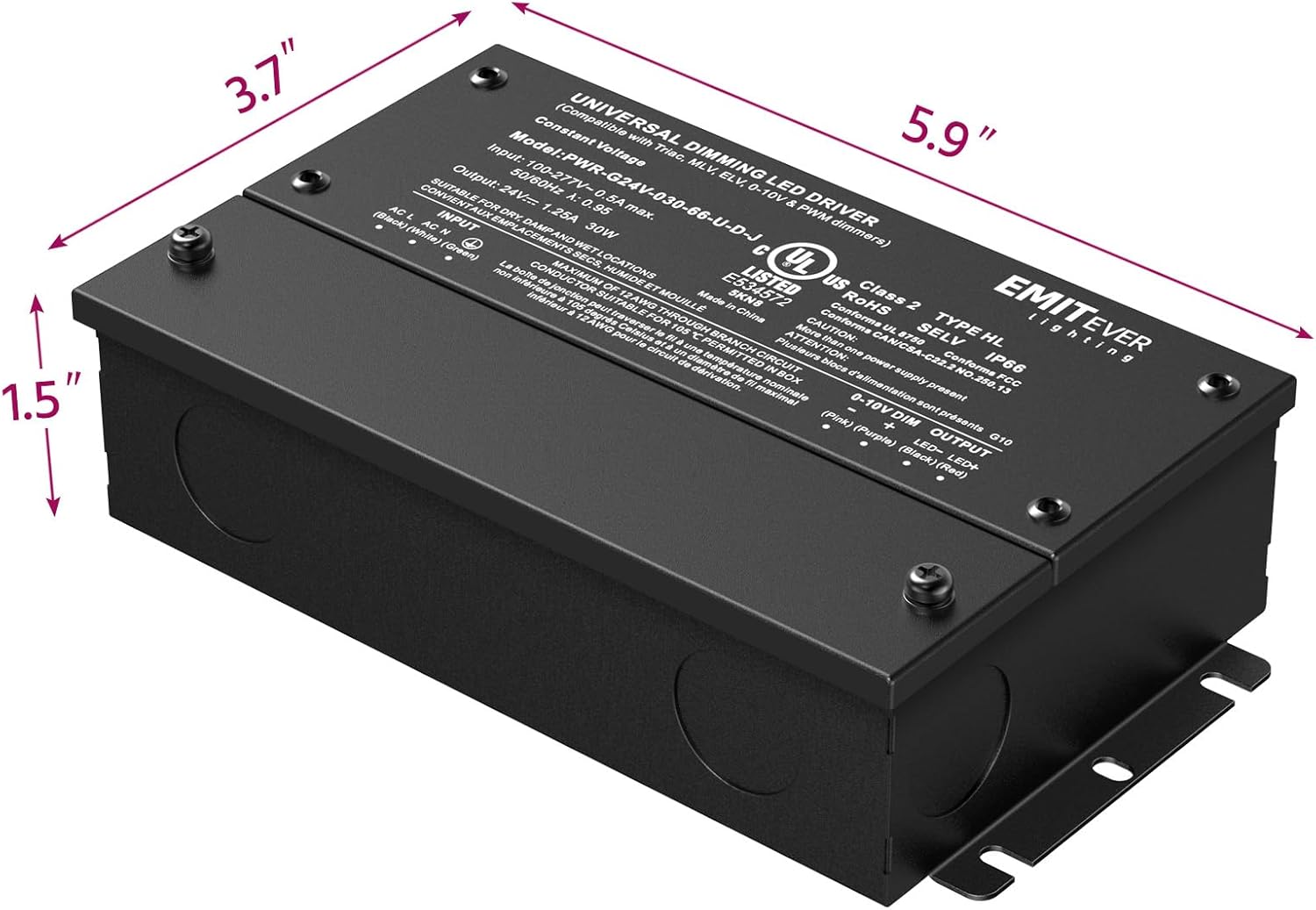 EMITEVER 30W Dimmable LED Driver, 24V Triac Dimmable Power Supply, AC to DC Transformer for LED Light, Compatible with Lutron and Leviton Dimmer, Waterproof IP67 and UL Listed, Class 2