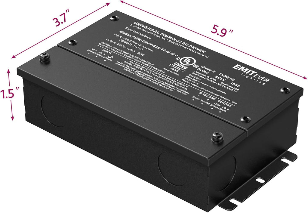 EMITEVER Dimmable Led Driver, 2 Packs 30W AC 110V-277V to DC 24V Transformer, 5-in-1 Dimming: ELV/MLV/TRIAC / 0-10V / 1-10V / 10V PWM/Potentiometer, Waterproof IP67 and UL Listed