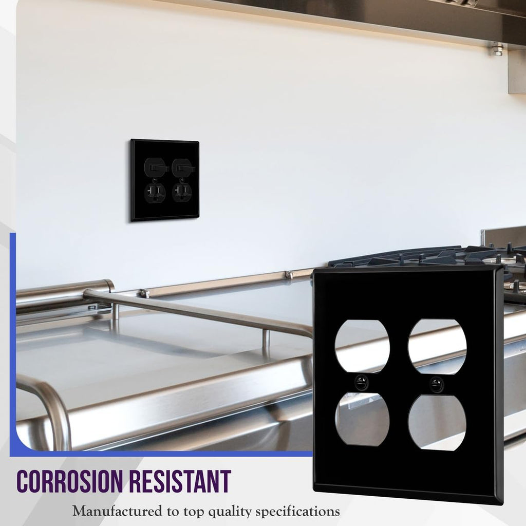 ENERLITES Duplex Receptacle Metal Wall Plate, Corrosion Resistant, Standard Size 2-Gang 4.50" x 4.57", Powder Coated Stamped Steel, 7722-BG, Black Gloss