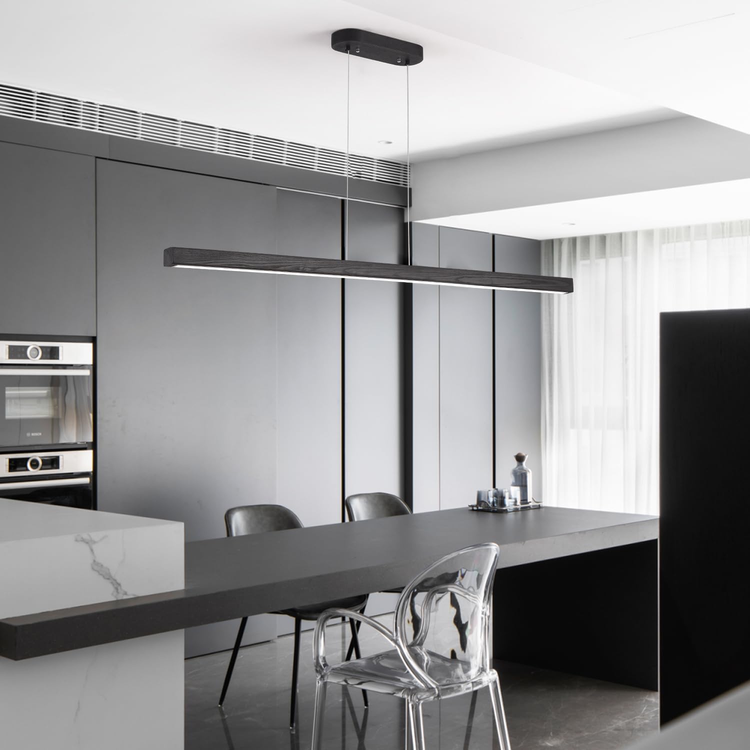 71" Black Linear Pendant Light Wooden Led Linear Pendant Light Fixtures Ceiling Hanging Dimmable Pendant Lights for Dining Room Kitchen Island Pool Table Lights Black Wood Finish