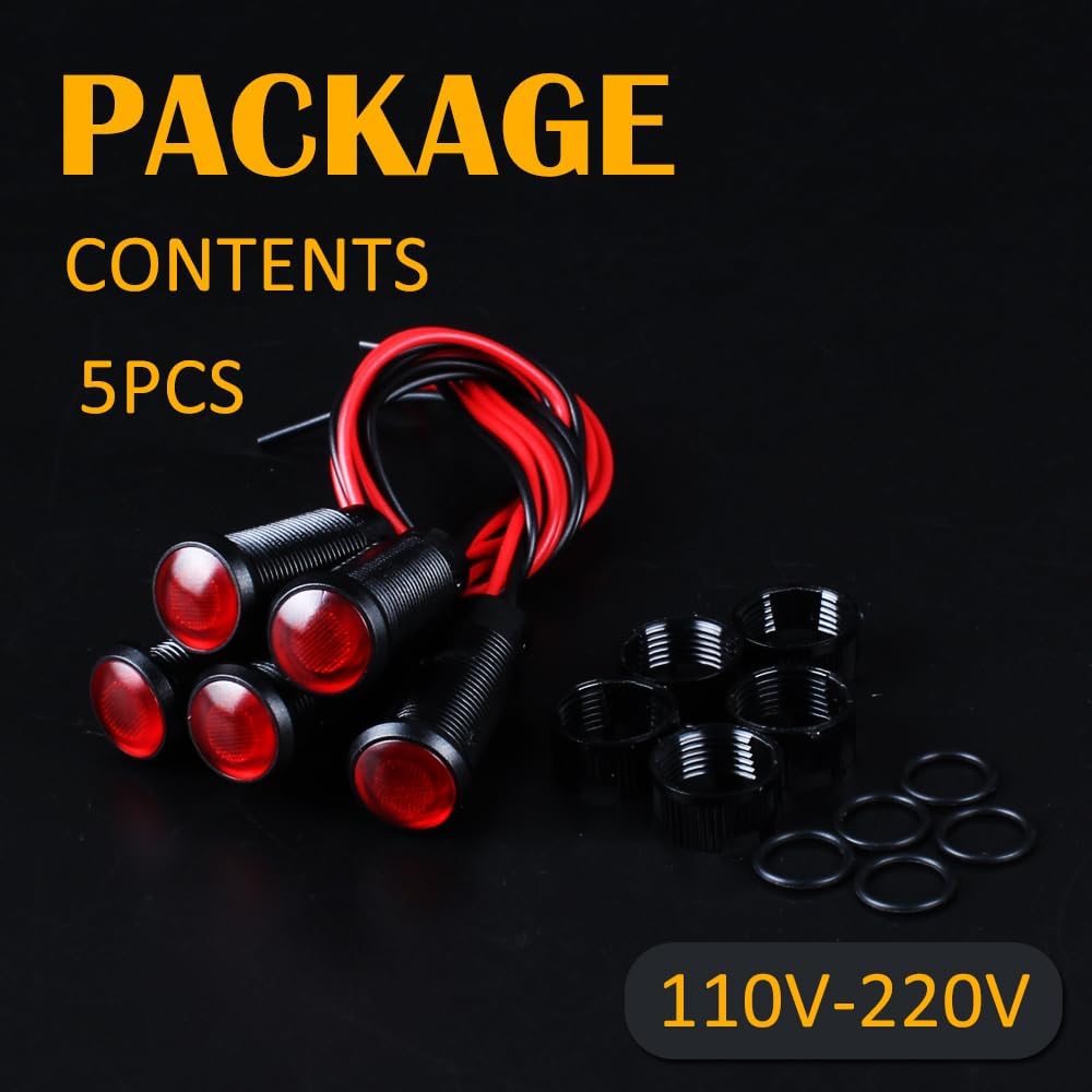 5pcs 10mm LED Indicator Light Plastic Black Signal Dot Lamp 110-220V AC 2/5" Mounting Hole Size with 15cm/5.9in. Wire (Red LED)