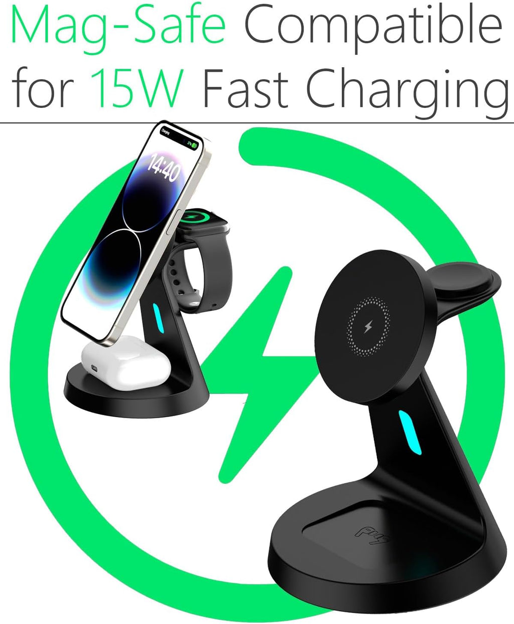 Wireless Charger Compatible with Mag-Safe,3 in 1 Charging Station for iPhone17/16/15/14/13/12 Series, Apple Watch,AirPods,15W Fast Charging (USB-C Adapter Included)