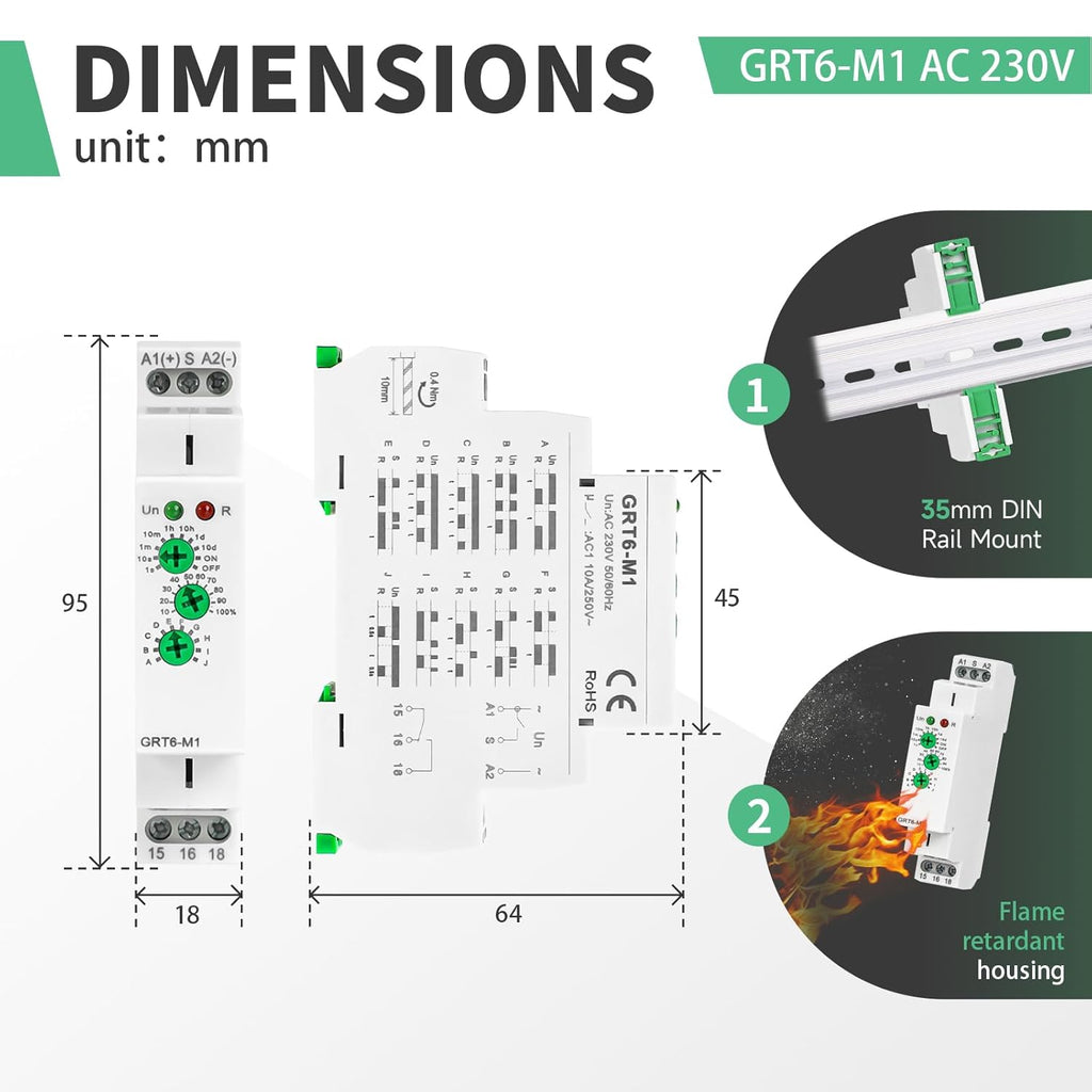 Multifuction Time Relay GRT6 M1 AC 230V with 10 Relay Timer Control Delay Function Mode DIN Rail 10A Electronic Relays of Wide Time Delay Range for 0.1 Seconds to 10 Days