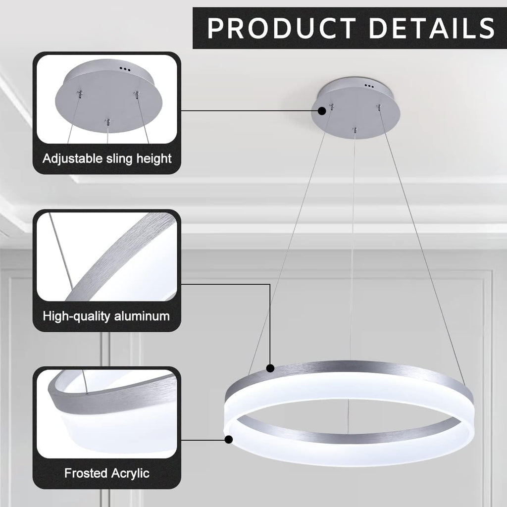 Buccleuch Dimmable 3-Ring LED Chandelier, Height Adjustable Modern Silver Pendant Light, ETL-Certified Flush Mount Acrylic Ceiling Light for Dining Room Living Room Bedroom Foyer, 3000K-6500K