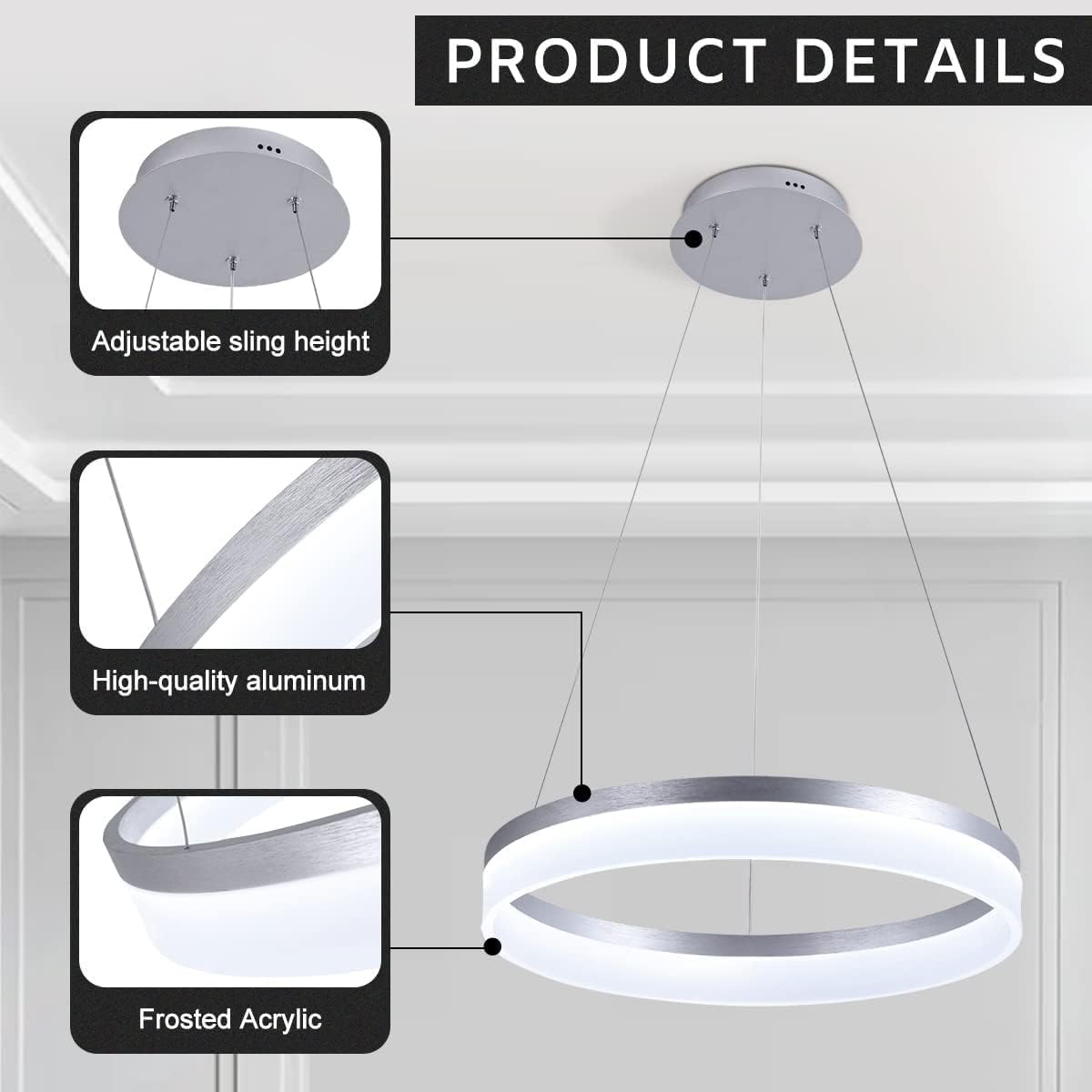Buccleuch Dimmable 3-Ring LED Chandelier, Height Adjustable Modern Silver Pendant Light, ETL-Certified Flush Mount Acrylic Ceiling Light for Dining Room Living Room Bedroom Foyer, 3000K-6500K