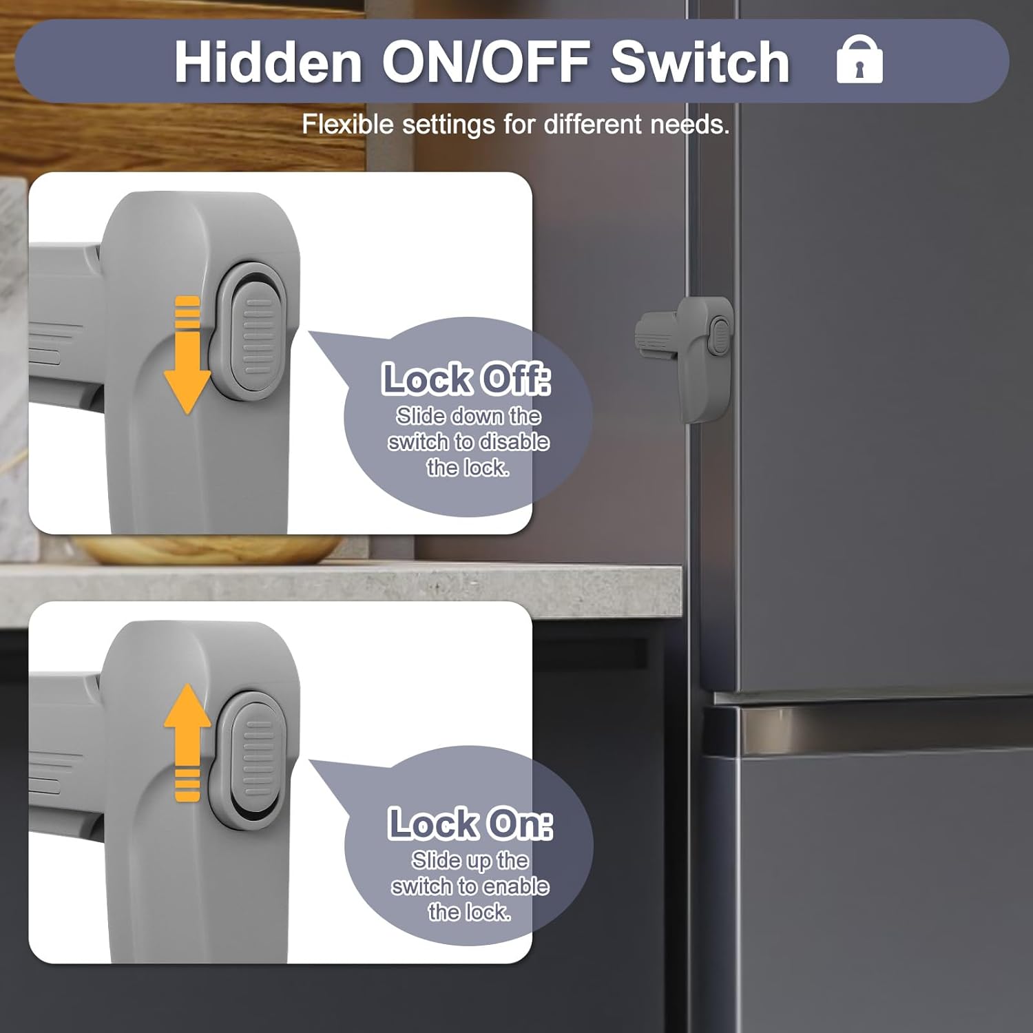 Updated Fridge Lock for Kids, Childproof Refrigerator Door Lock, Fridge Latch with 3M Adhesive, Freezer Locks Automatically Closed, No Drill No Screw, More Security for Kids/Pets (1 Pack, Grey)