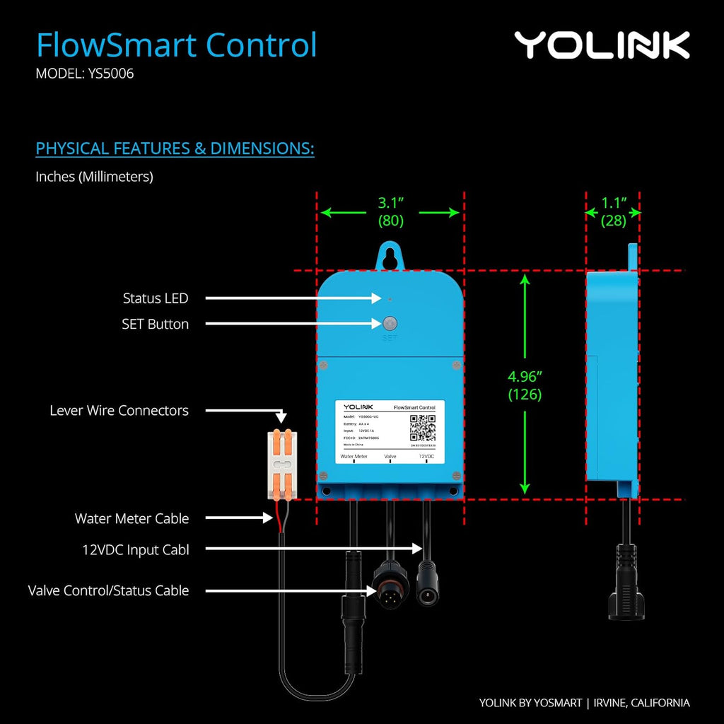 NSF Certified Pulse Meter + Shutoff Valve Kit, 1/2", FlowSmart Controller YS5006 Reads Meter Pulses, Real-Time Usage & Leak Detection, Auto Shutoff (D2D Offline), LoRa Long Range, Hub Included
