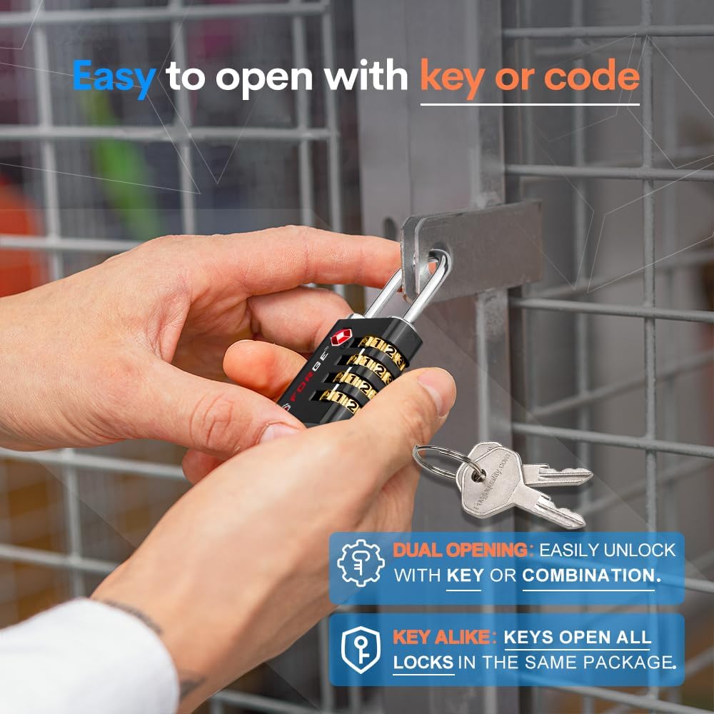 Forge Dual-Opening: Key or Combination Access Lock, Use Key to Recover Code If Forgotten, TSA Approved Locks for Luggage, Pelican case, Travel, Gym, School, Stainless Steel Shackle.(Black 6 Pk)