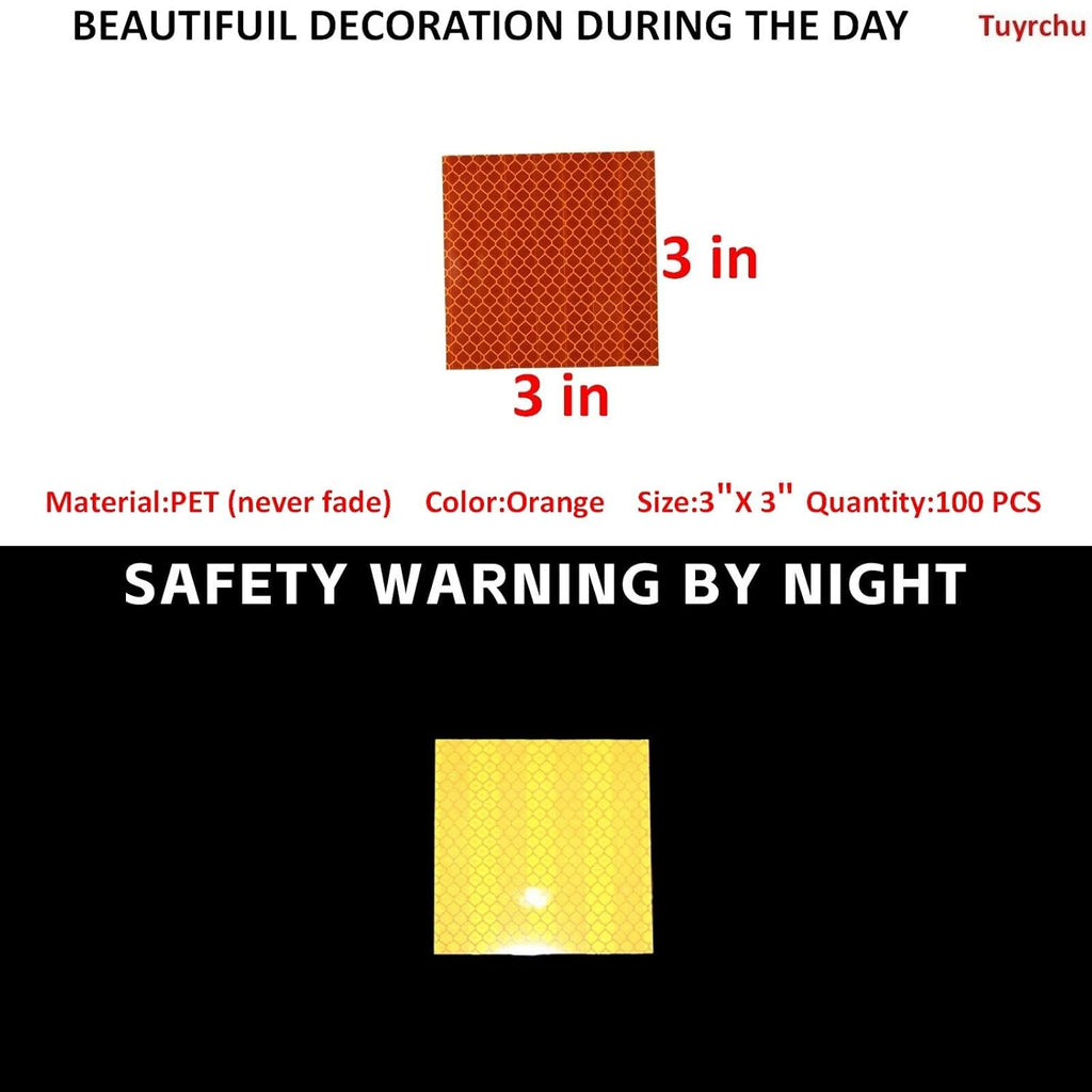 Non Fading Orange Reflective Stickers 3 inch X 3 inch, Outdoor Waterproof High Visibility Warning Safety Adhesive Reflector Tape (100 Pcs)